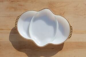 Vintage Fire King Milk Glass Divided Platter Gold Trim Serving Dish